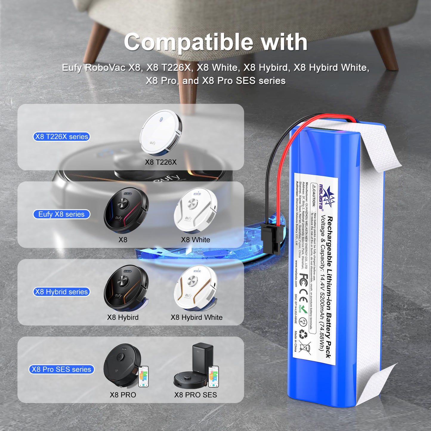 14.4V 5200mAh Li-ion Replacement Battery for Eufy RoboVac X8, X8 T226X, X8 Hybrid White, X8 Pro, RoboVa X8 Pro SES Robot Vacuum