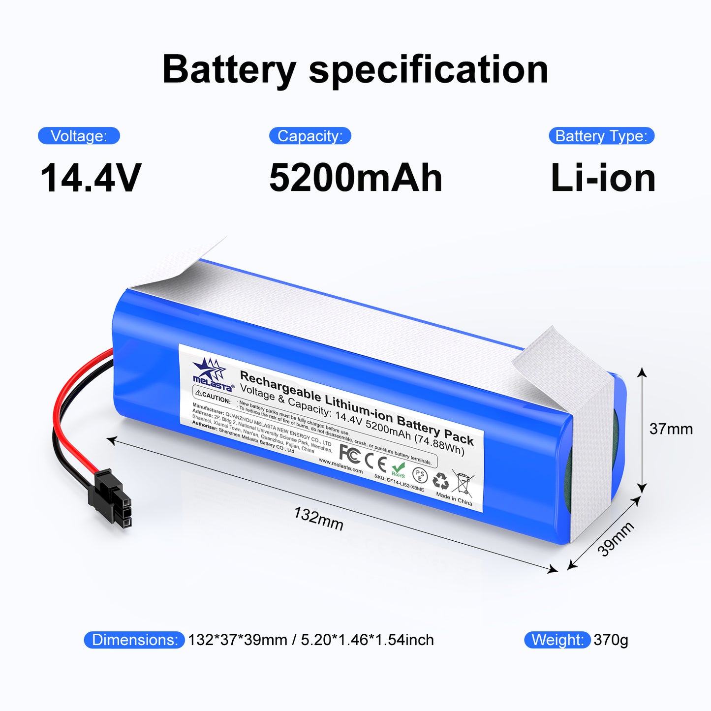 14.4V 5200mAh Li-ion Replacement Battery for Eufy RoboVac X8, X8 T226X, X8 Hybrid White, X8 Pro, RoboVa X8 Pro SES Robot Vacuum