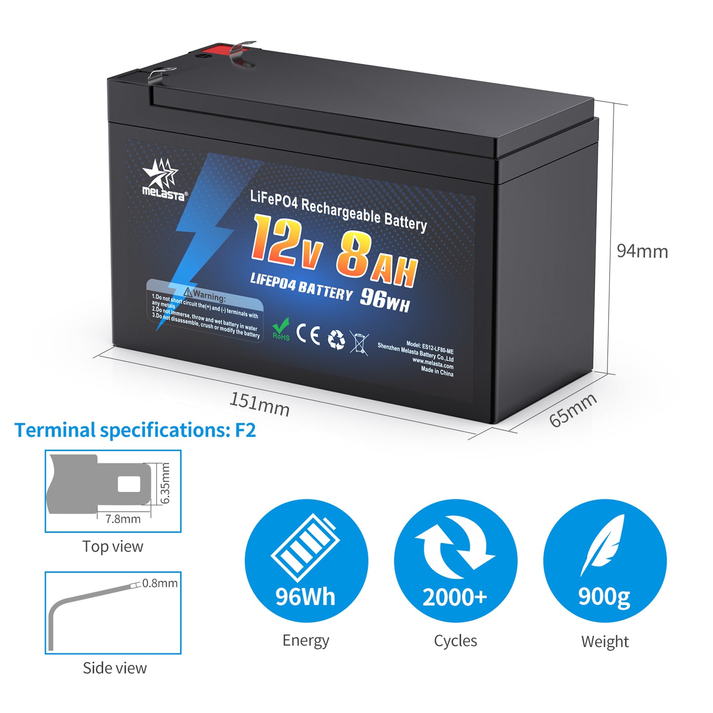 Melasta 12V 8Ah LiFePo4 Rechargeable 32700 Battery Pack 2000+ Cycles Lithium Battery for Solar Power Lighting Built-in BMS