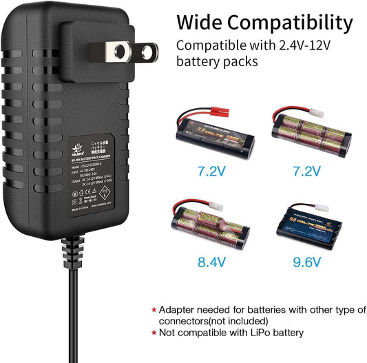 7.2V-9.6V / 8.4V NiMH Battery Charger for RC Cars – Universal | Compatible with Redcat Racing, Hexfly, and standard Tamiya plug packs. Charges 2.4V-12V NiMH/NiCD batteries safely.