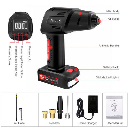 18V Inflator 150 PSI Portable Electric Pump With 2000mAh Battery Air Compressor 55L/Min High Speed For Cars Motorcycles