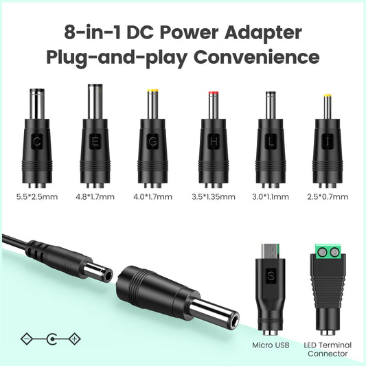 12V 2A AC DC Power Supply Charger, Universal Adapter with 8 Tips