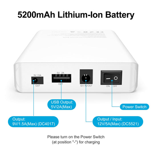 12V Power Bank for LED Strips 5200mAh 60Wh with 9V DC & USB Output