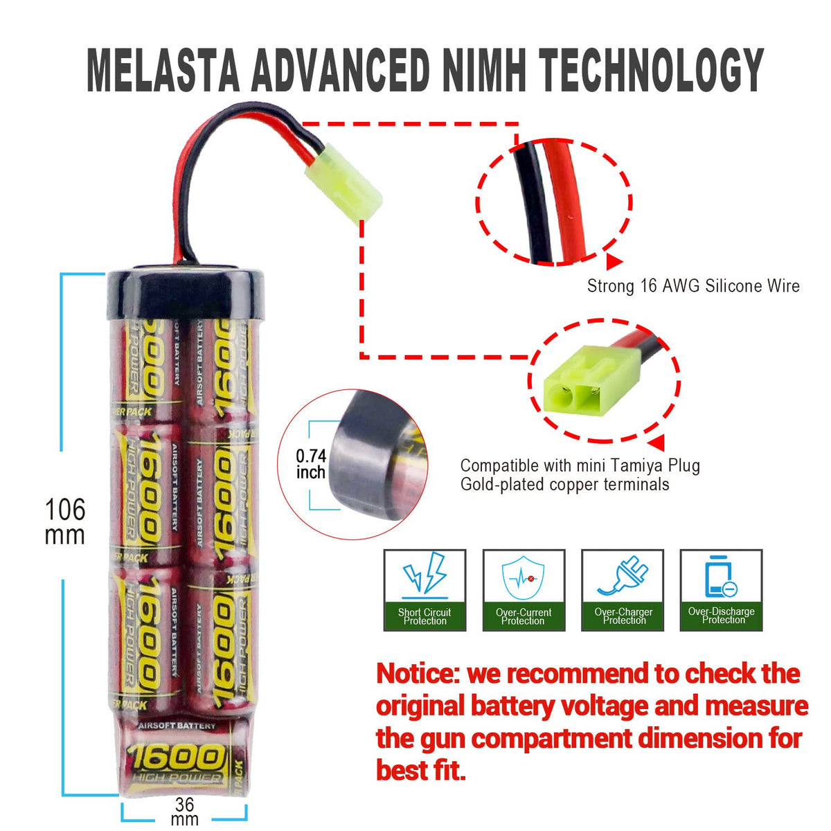 8.4V Airsoft Battery 1600mAh NiMH Battery with Mini Tamiya