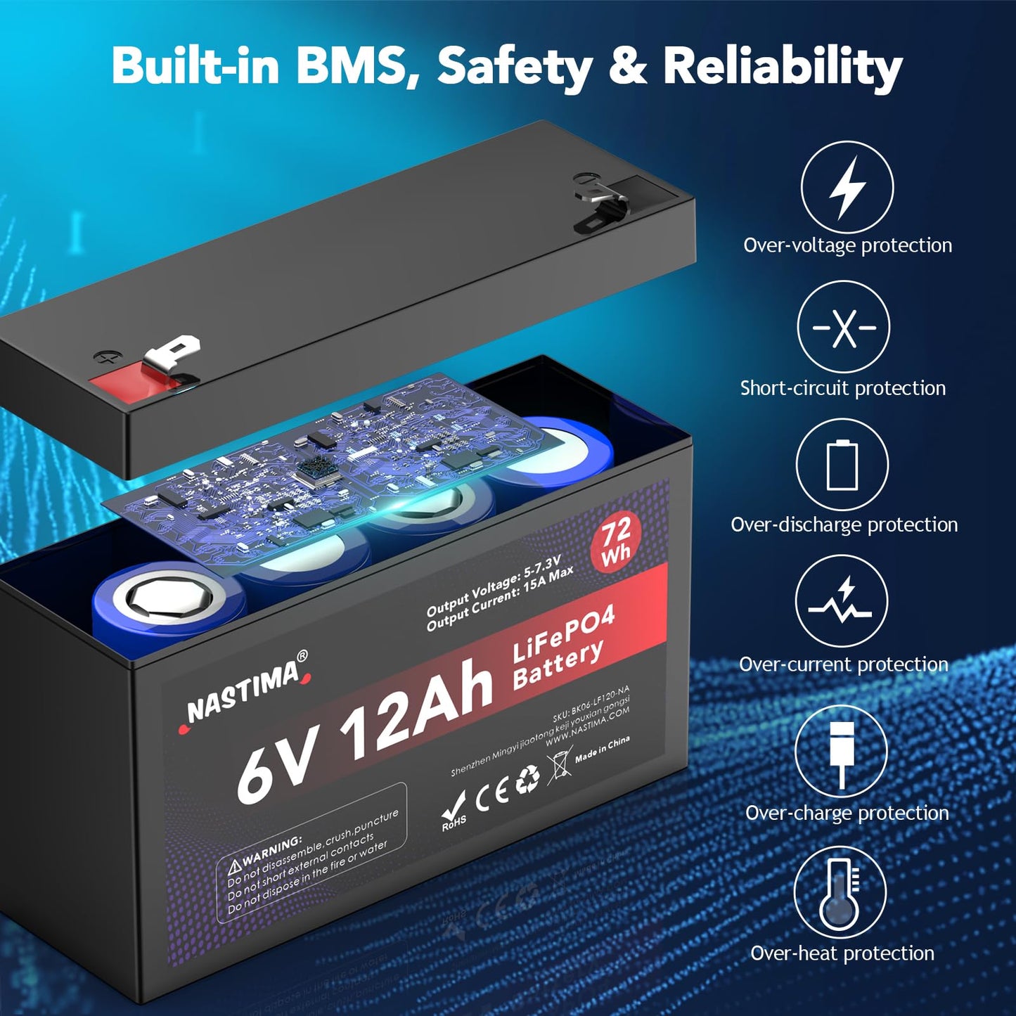 6V 12Ah 72Wh LiFePO4 Rechargeable Battery with BMS Protection and 4000 Deep Cycle Maintenance Free, Suitable for Emergency Power Lighting, Children's Toy Cars, Motor Boats, Camping, Solar Panels