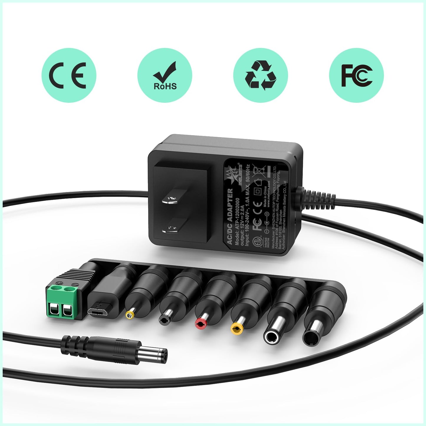 12V 2A AC DC Power Supply Charger, Universal Adapter with 8 Tips