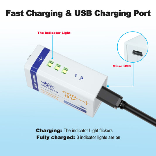 2PCS 6F22 USB 9V 600mAh Li-ion rechargeable battery