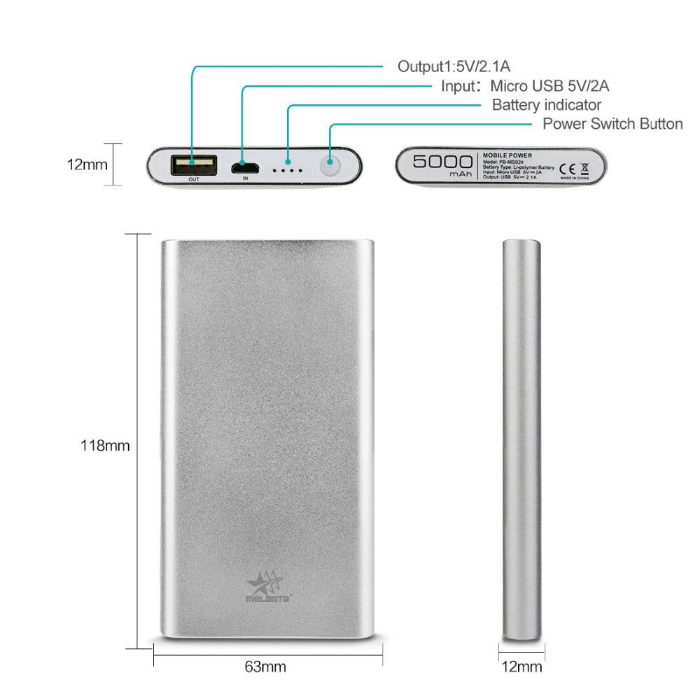 5000mah Silver Ultra-Slim power bank for cellphone