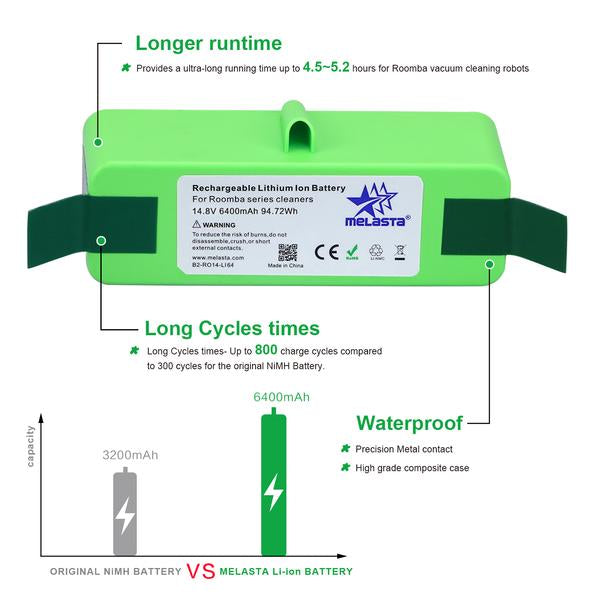 6.4Ah 14.8V Li-ion Replacement Battery for iRobot Roomba