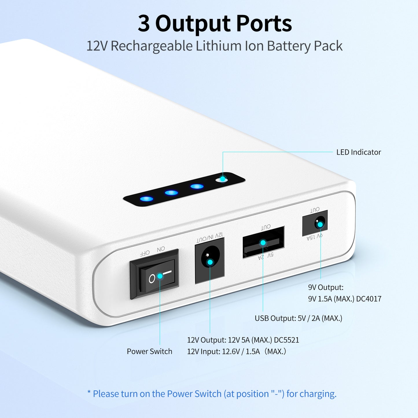 Melasta 12V Battery Pack with Charger for LED Strip 5.2Ah 18650 Rechargeable with 12V 9V DC and 5V USB Output Lithium Power Bank
