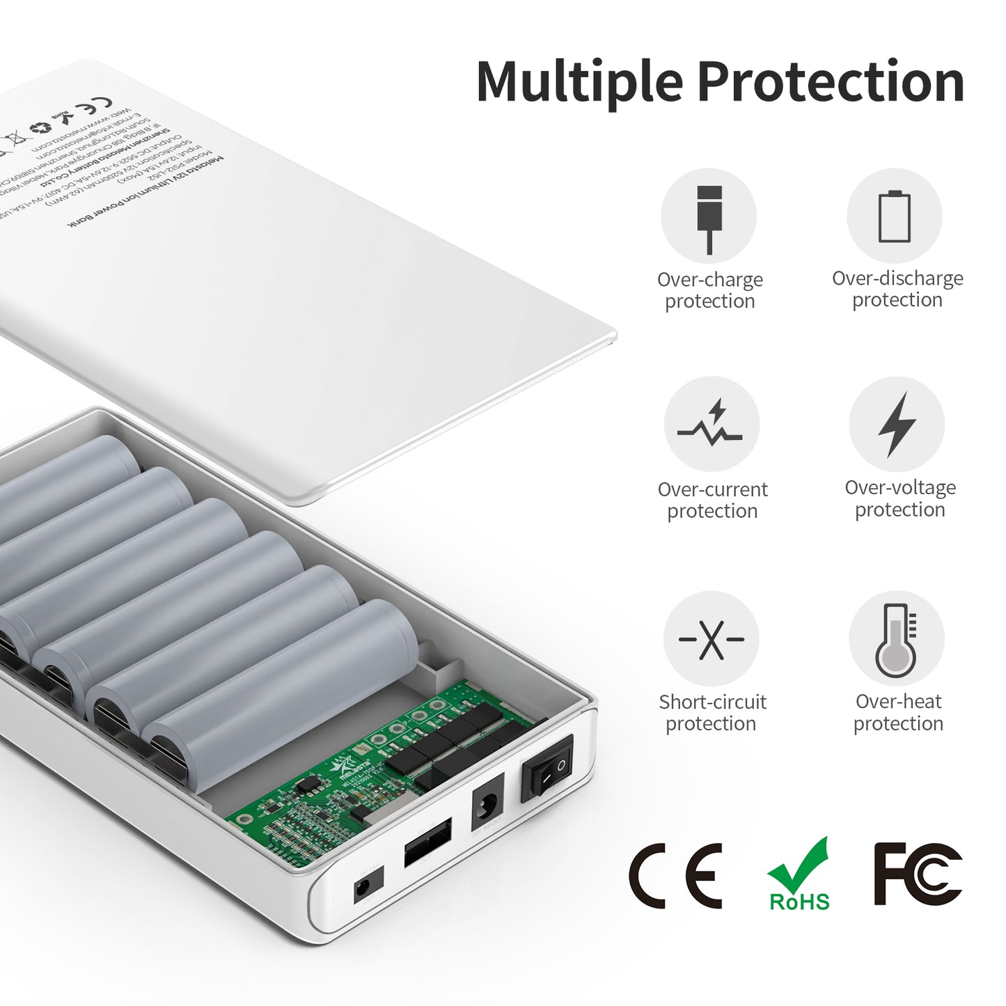 Melasta 12V Battery Pack with Charger for LED Strip 5.2Ah 18650 Rechargeable with 12V 9V DC and 5V USB Output Lithium Power Bank