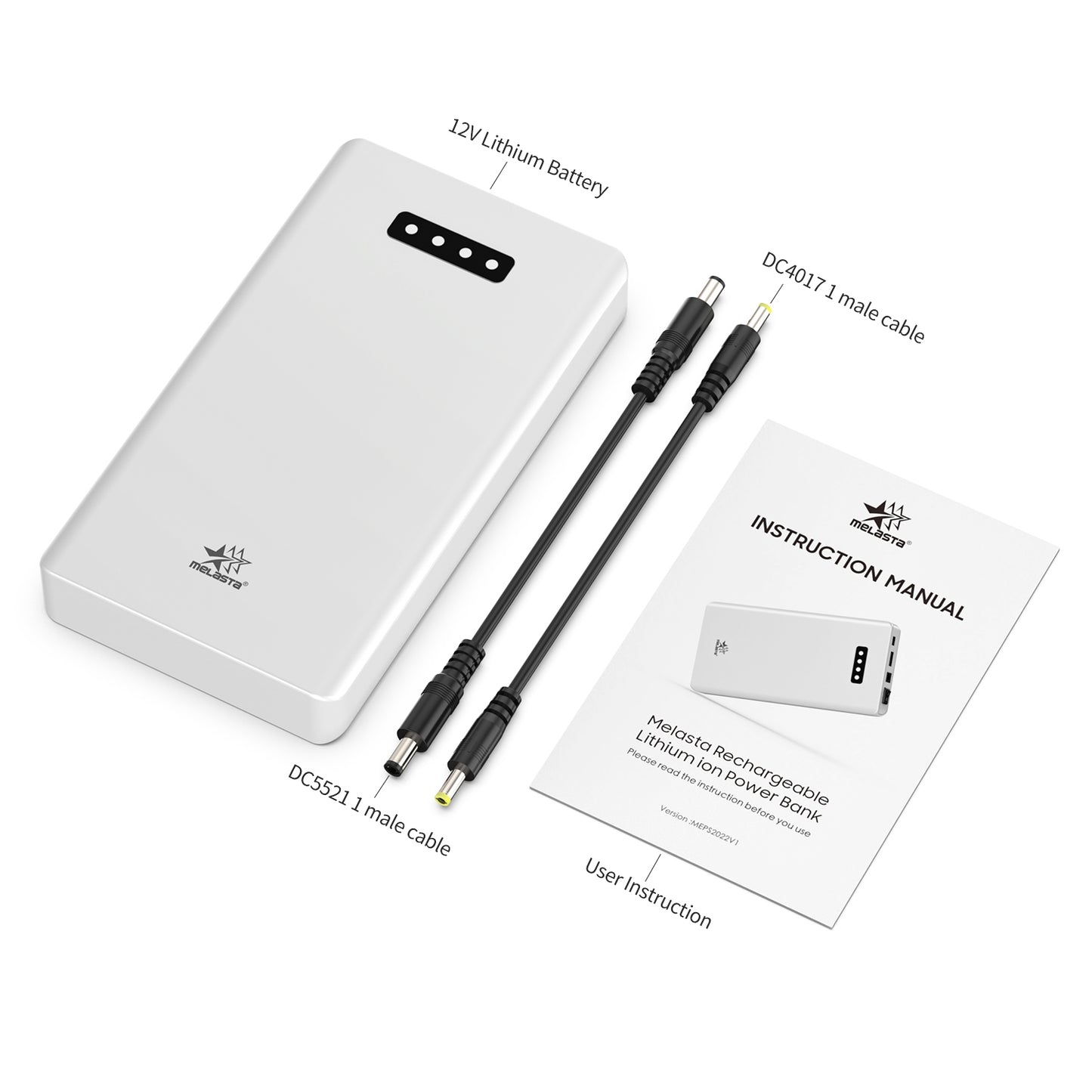 Melasta 12V Battery Pack with Charger for LED Strip 5.2Ah 18650 Rechargeable with 12V 9V DC and 5V USB Output Lithium Power Bank