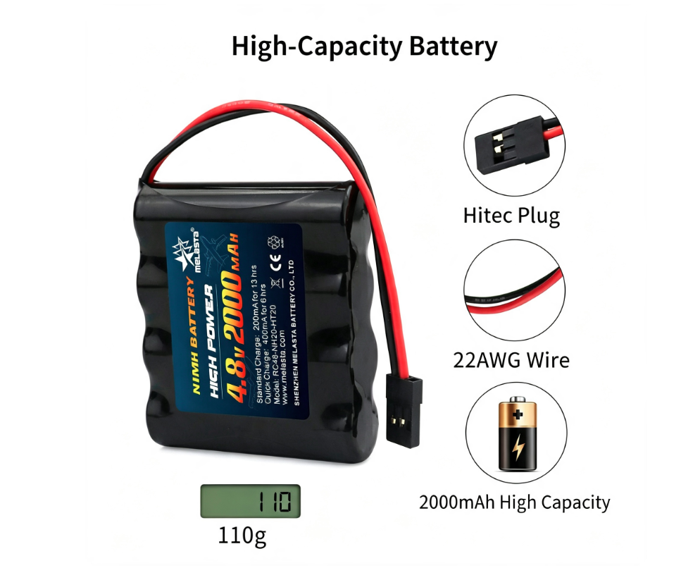 4.8V 2000mAh NiMH battery for remote control airplane dual-blade servo motors, flat-type receivers.