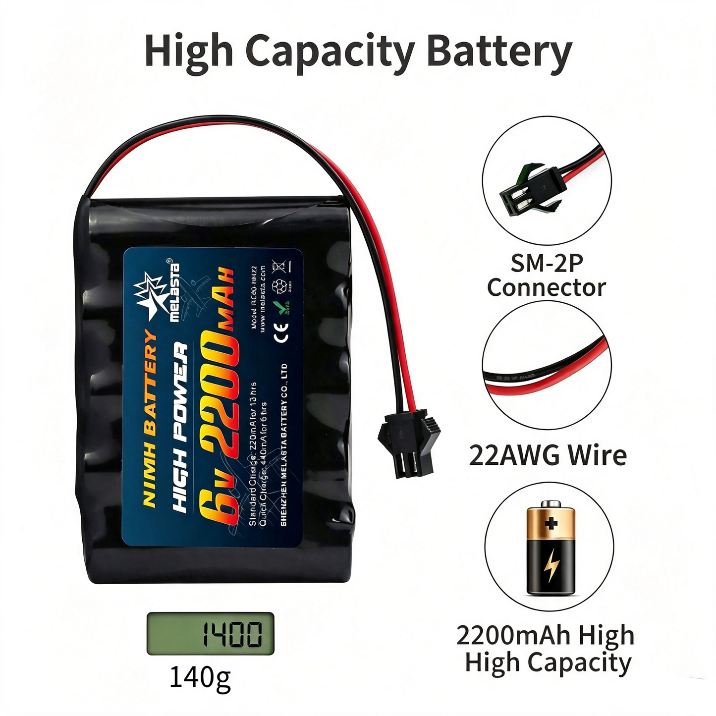 6.0V 2200mAh NiMH RC Battery Pack , Rechargeable Battery for RC Cars, Trucks & Boats with SM-2P Connector & USB Charger