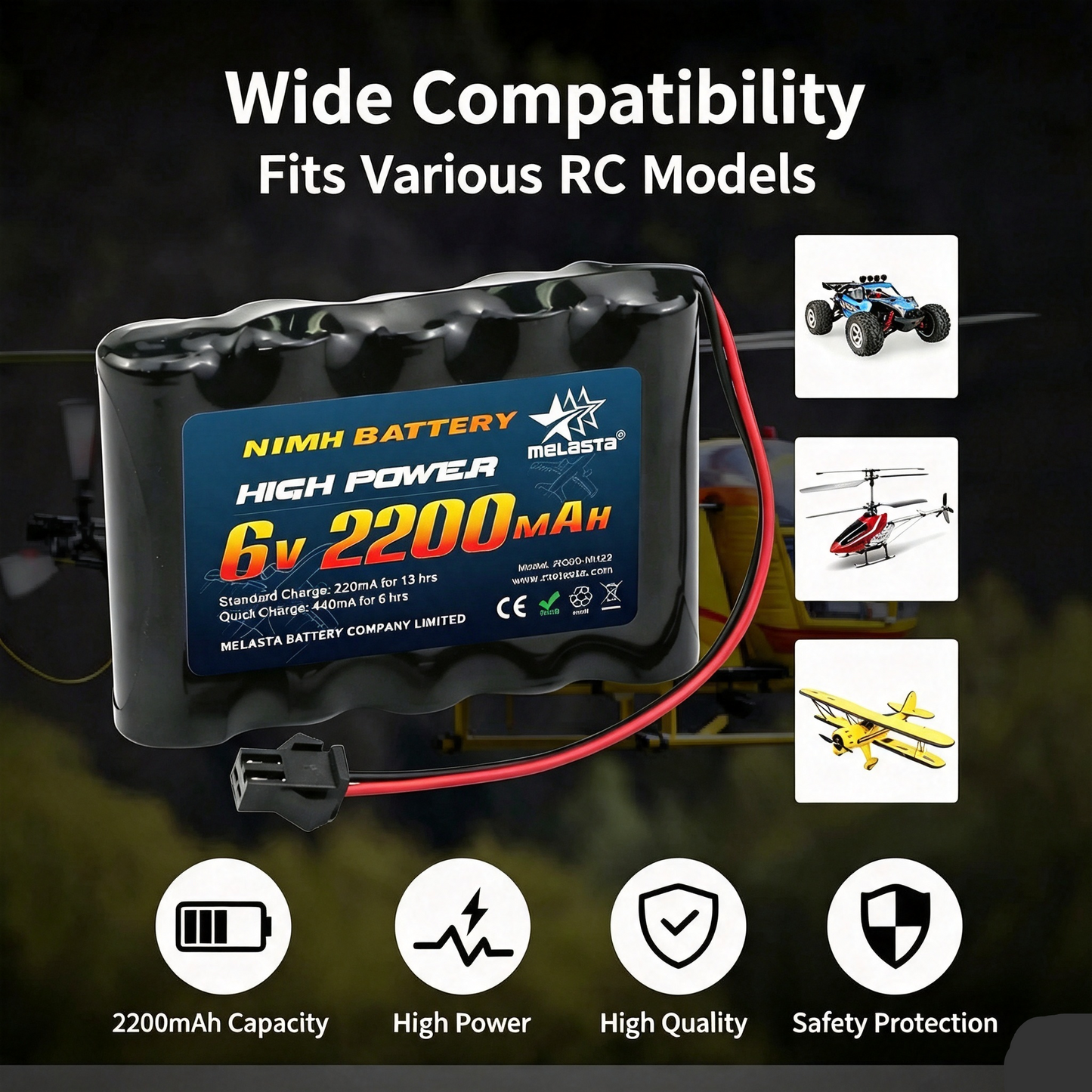 6.0V 2200mAh NiMH RC Battery Pack , Rechargeable Battery for RC Cars, Trucks & Boats with SM-2P Connector & USB Charger