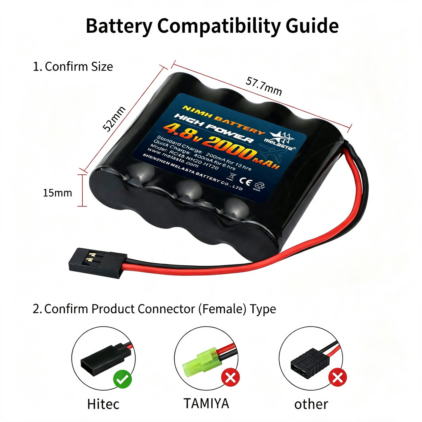4.8V 2000mAh NiMH battery for remote control airplane dual-blade servo motors, flat-type receivers.