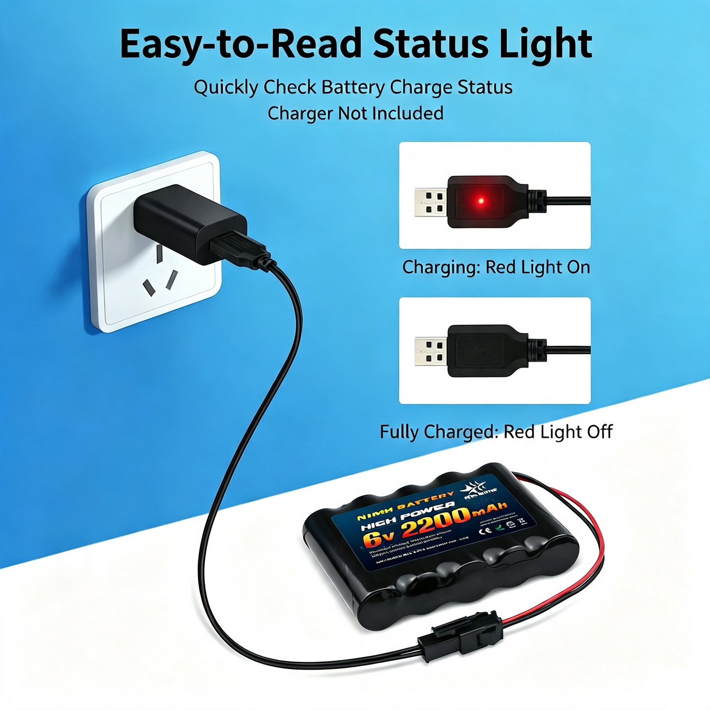 6.0V 2200mAh NiMH RC Battery Pack , Rechargeable Battery for RC Cars, Trucks & Boats with SM-2P Connector & USB Charger