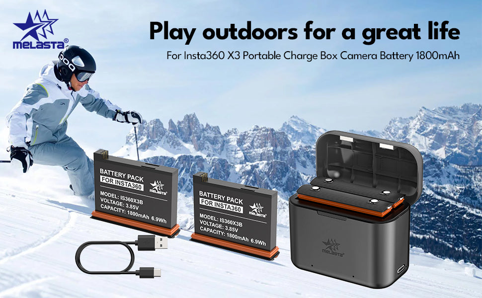 Melasta Insta360 X3 Battery Replacement - 1800mAh 2-Pack with Charger & USB-C