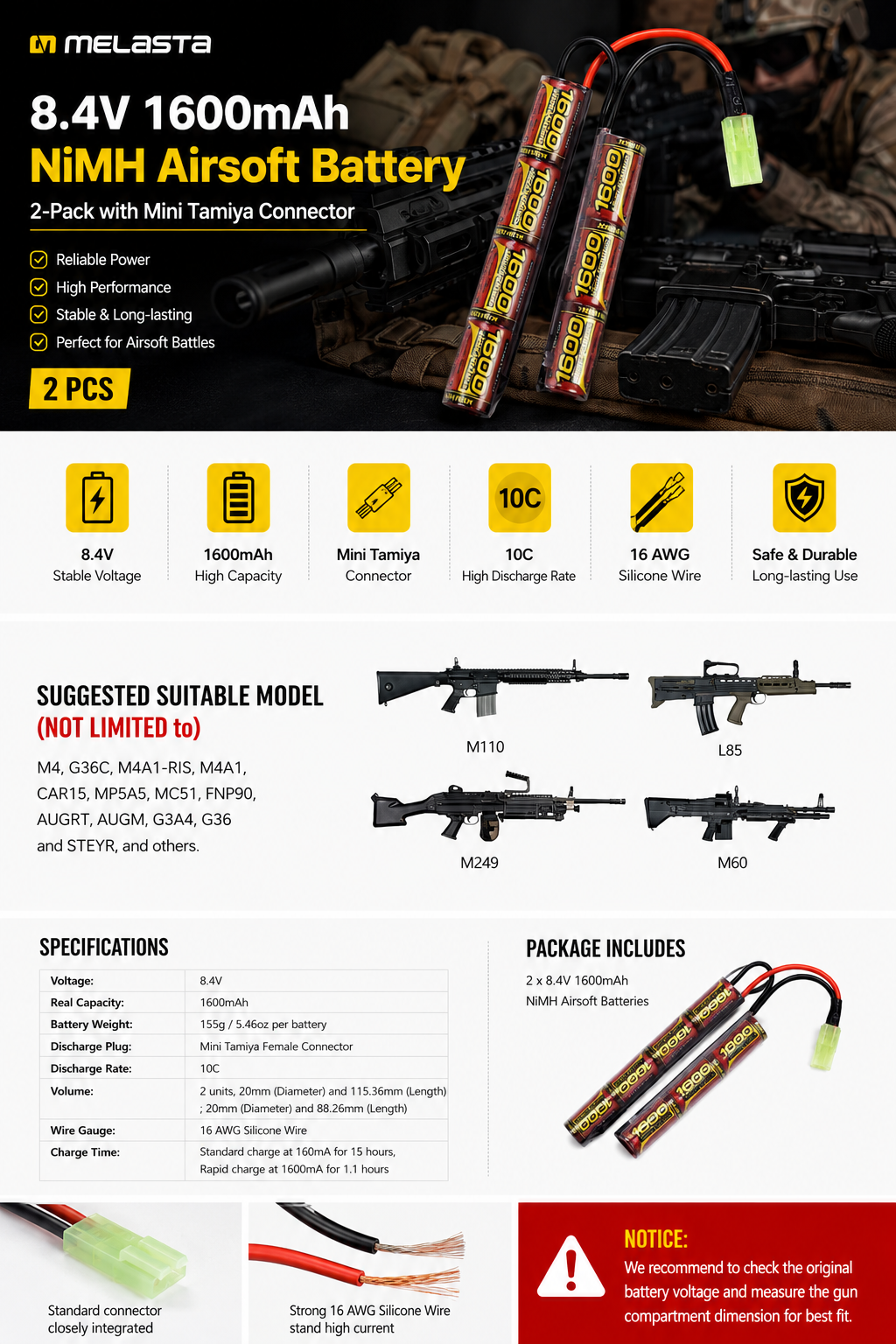 8.4V 1600mAh NiMH Airsoft Battery 2-Pack