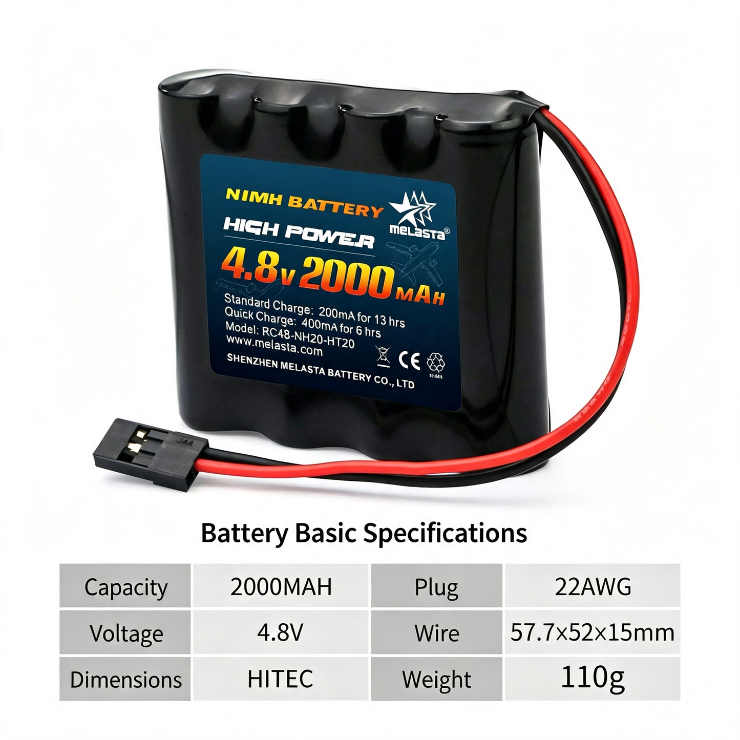 4.8V 2000mAh NiMH battery for remote control airplane dual-blade servo motors, flat-type receivers.