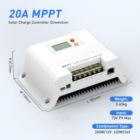Melasta MPPT Solar Charge Controller (20A, 12 V/24 V, Bluetooth Solar Charge Controller System, with LCD Display, MPPT for AGM, Gel, LiFePO4, Lithium Battery, Trailers, Boats, Yachts, Voyager