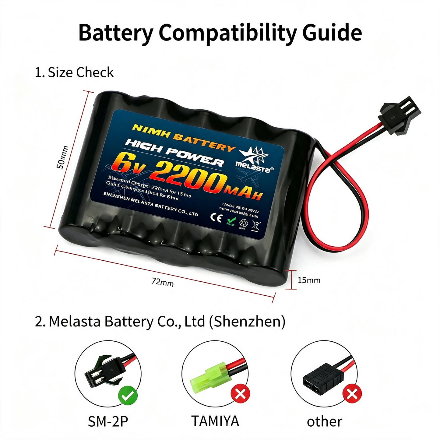 6.0V 2200mAh NiMH RC Battery Pack , Rechargeable Battery for RC Cars, Trucks & Boats with SM-2P Connector & USB Charger