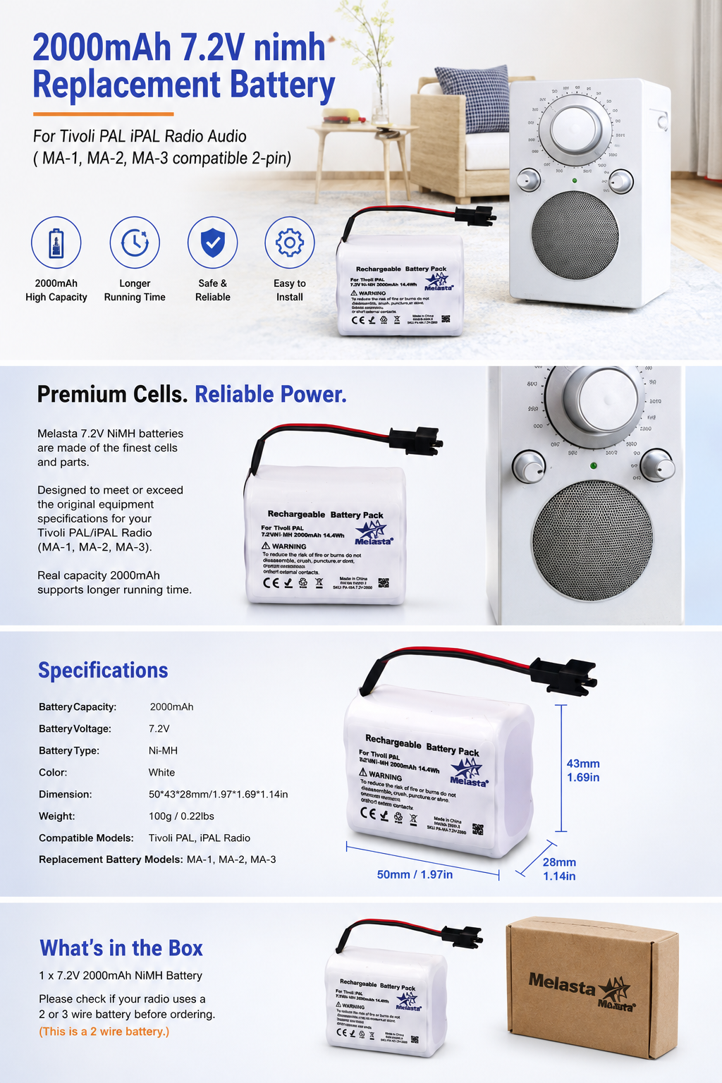 Tivoli PAL/iPAL radio replacement battery (NiMH) 7.2V 2000mAh
