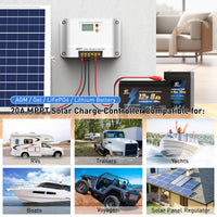 Melasta MPPT Solar Charge Controller (20A, 12 V/24 V, Bluetooth Solar Charge Controller System, with LCD Display, MPPT for AGM, Gel, LiFePO4, Lithium Battery, Trailers, Boats, Yachts, Voyager