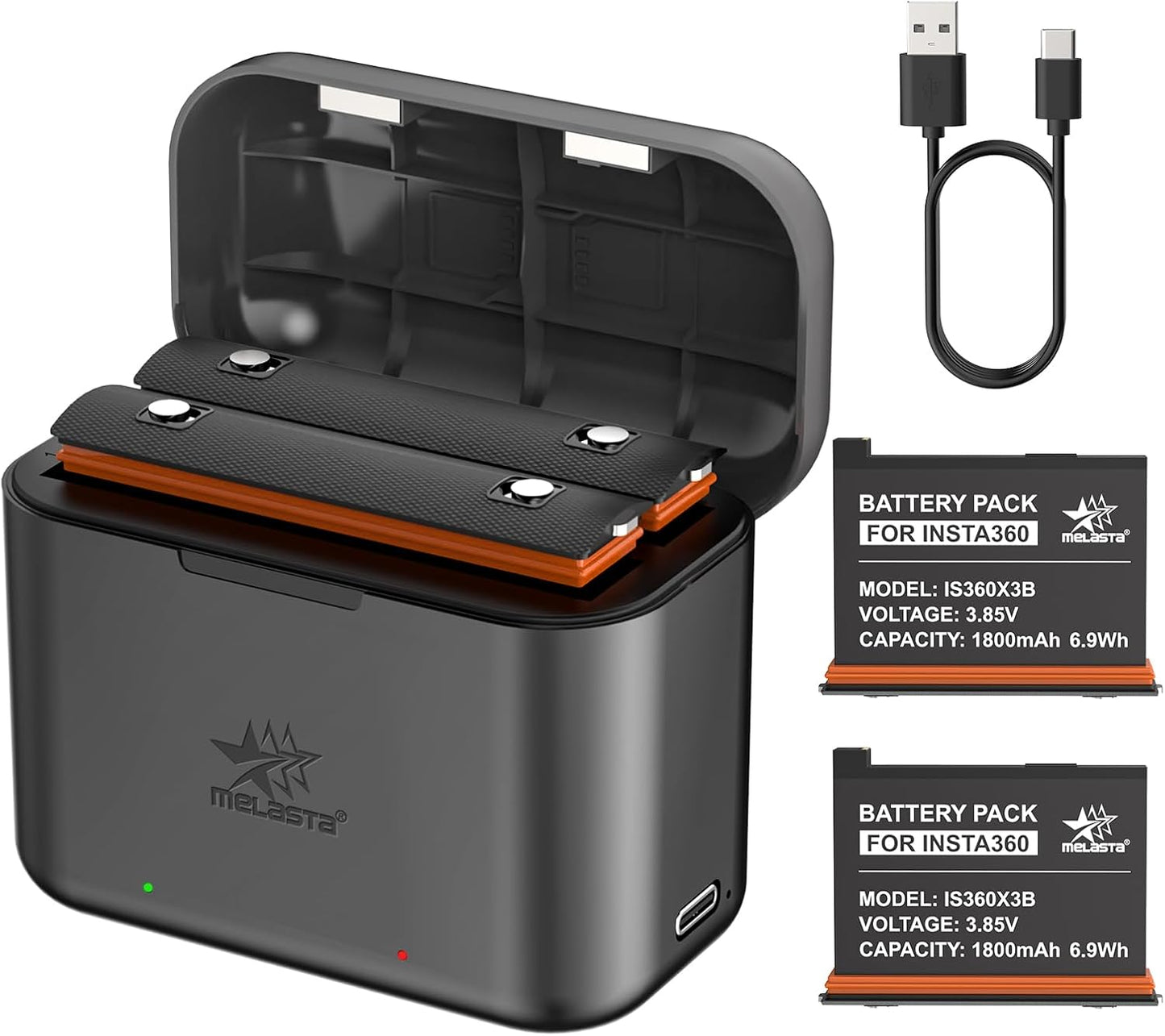 Melasta Insta360 X3 Battery Replacement - 1800mAh 2-Pack with Charger & USB-C