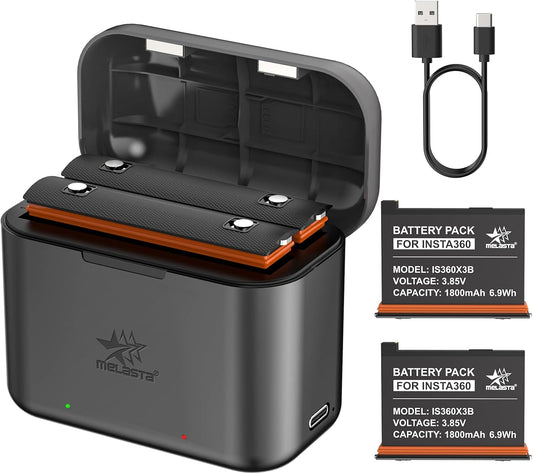 Melasta Insta360 X3 Battery Replacement - 1800mAh 2-Pack with Charger & USB-C