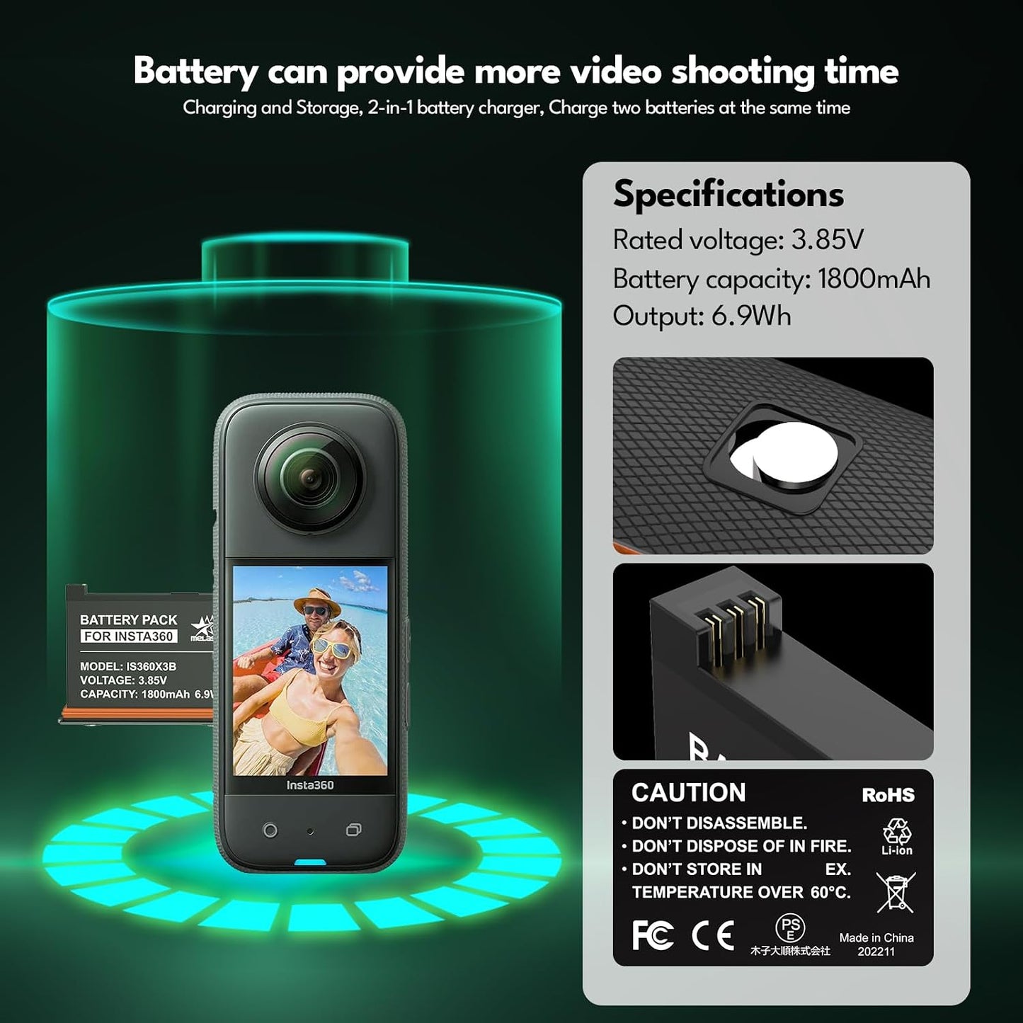 Melasta Insta360 X3 Battery Replacement - 1800mAh 2-Pack with Charger & USB-C