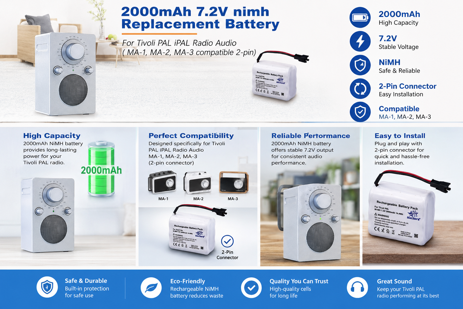 Tivoli PAL/iPAL radio replacement battery (NiMH) 7.2V 2000mAh