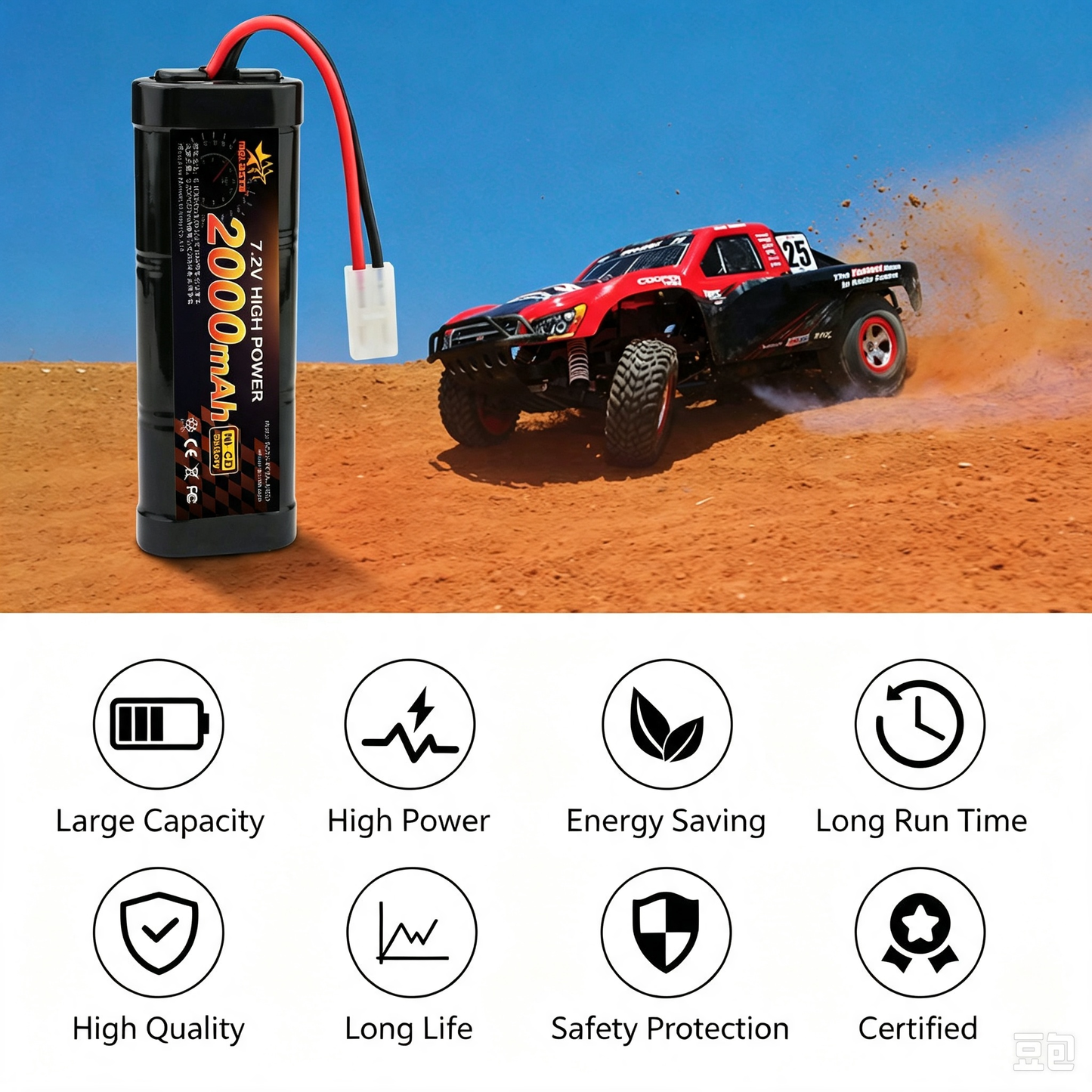 7.2V 2000mAh Ni-Cd RC Car replacement Battery with Tamiya Connector