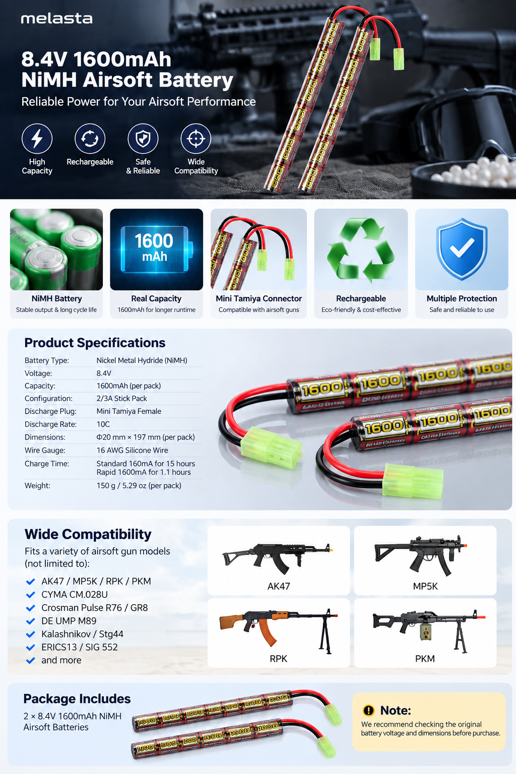 8.4V 1600mAh NiMH Airsoft Battery 2-Pack