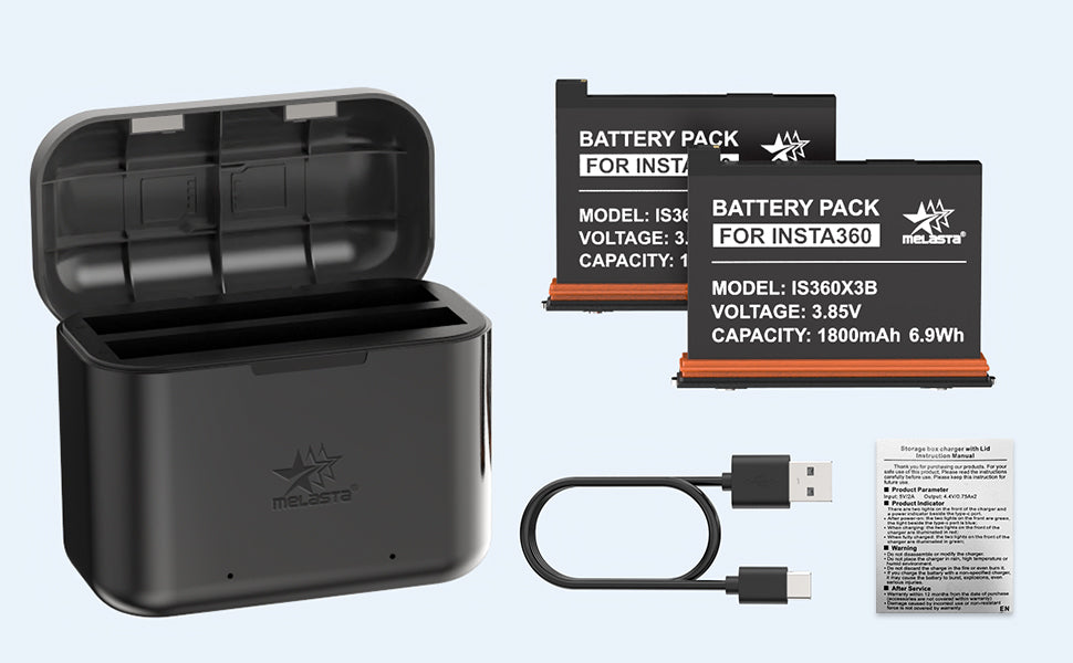 Melasta Insta360 X3 Battery Replacement - 1800mAh 2-Pack with Charger & USB-C