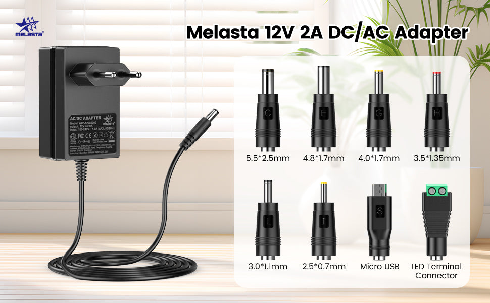 12V 2A AC DC Power Supply Charger, Universal Adapter with 8 Tips
