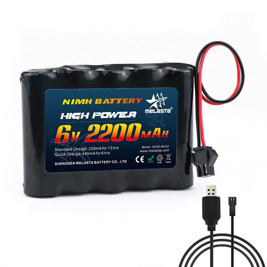 6.0V 2200mAh NiMH RC Battery Pack , Rechargeable Battery for RC Cars, Trucks & Boats with SM-2P Connector & USB Charger