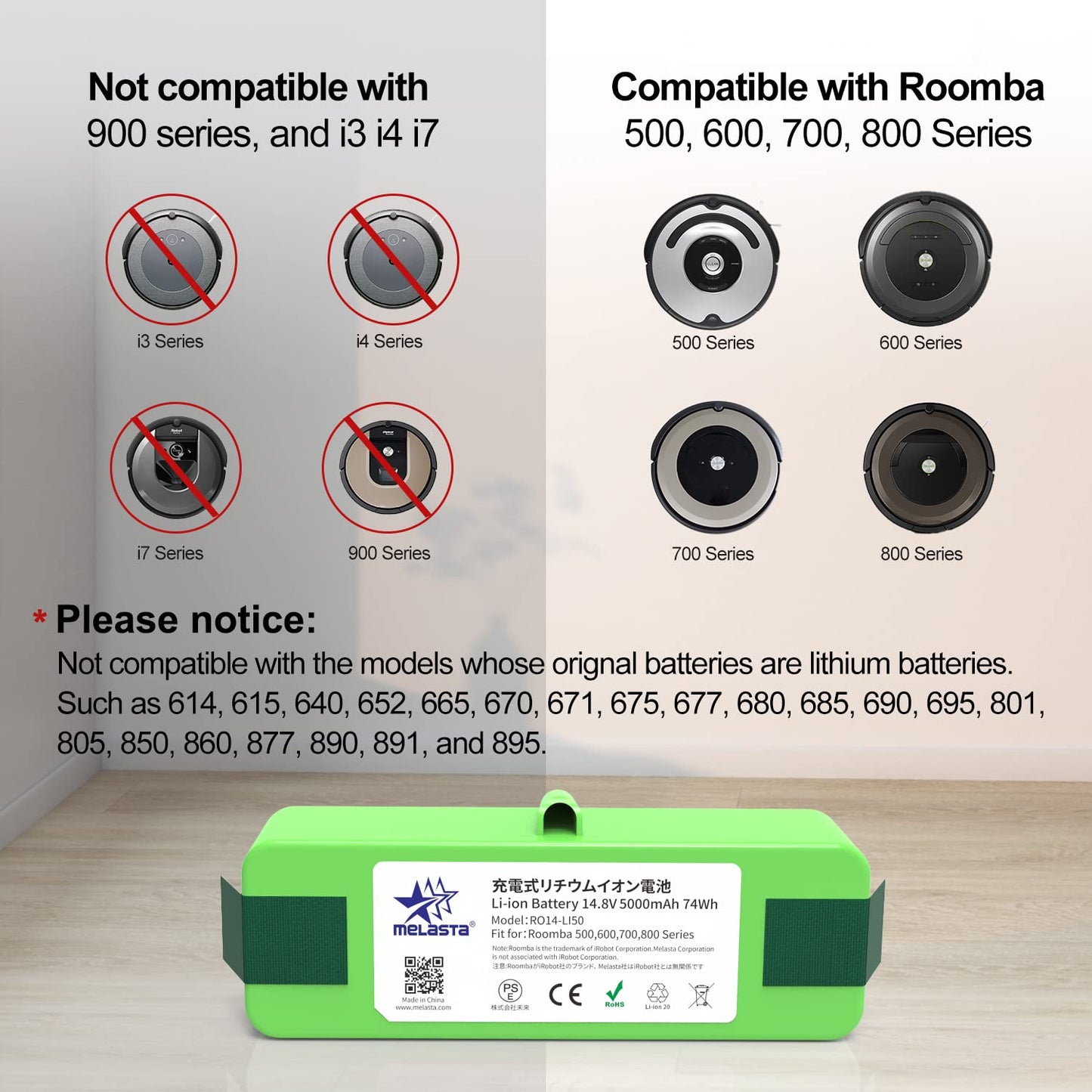 Roomba 500-800 Series Replacement Battery  14.4V 5000mAh Li-ion Battery Compatible with iRobot Roomba 880, 890, 675, 650 & More