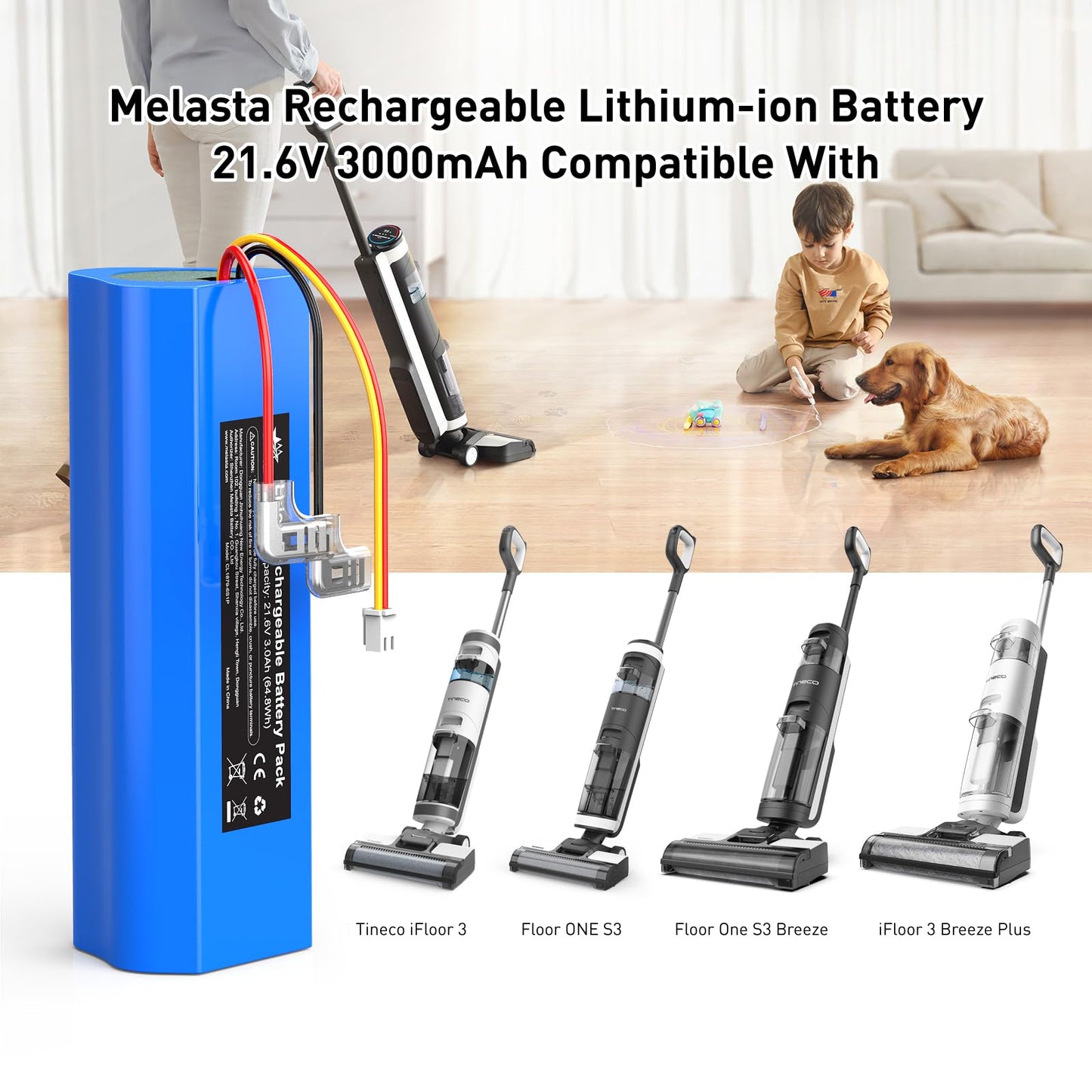 21.6V 3000mAh Replacement Battery for  Tineco