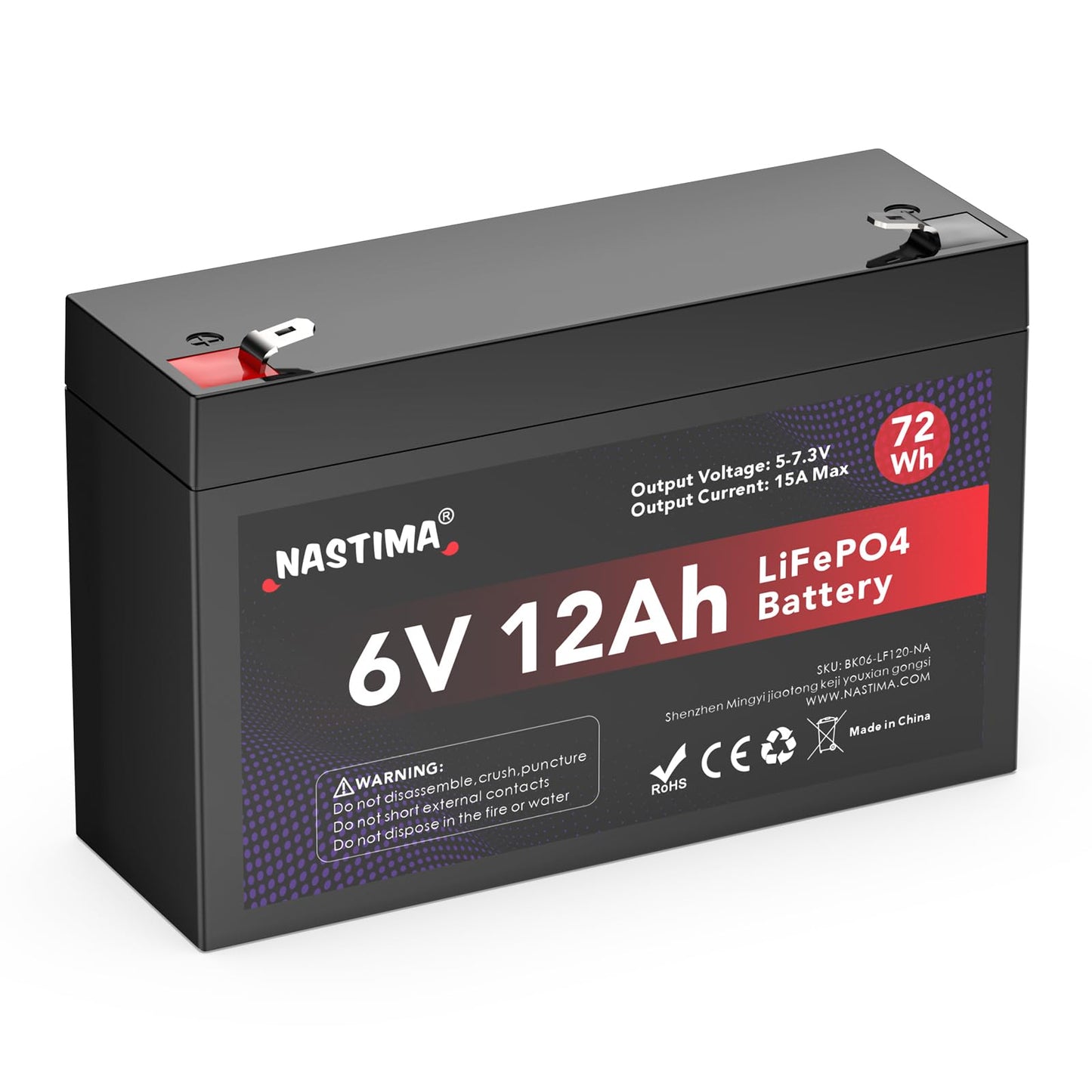 6V 12Ah 72Wh LiFePO4 Rechargeable Battery with BMS Protection and 4000 Deep Cycle Maintenance Free, Suitable for Emergency Power Lighting, Children's Toy Cars, Motor Boats, Camping, Solar Panels