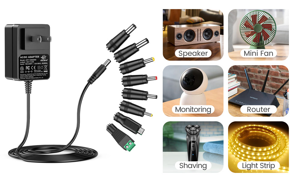 12V 2A AC DC Power Supply Charger, Universal Adapter with 8 Tips