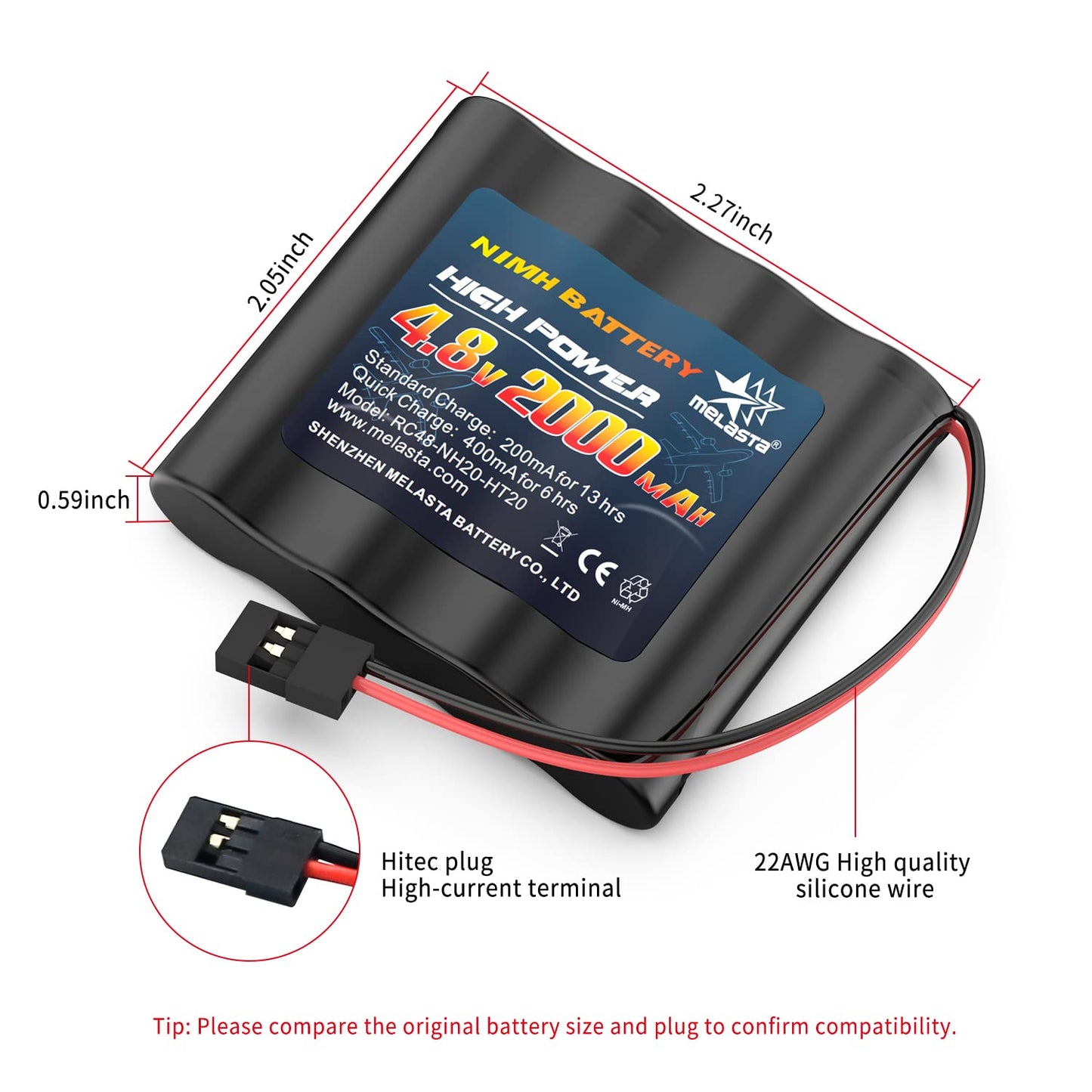 4.8V 2000mAh NiMH RX Battery 2-Pack with Hitec for Futaba