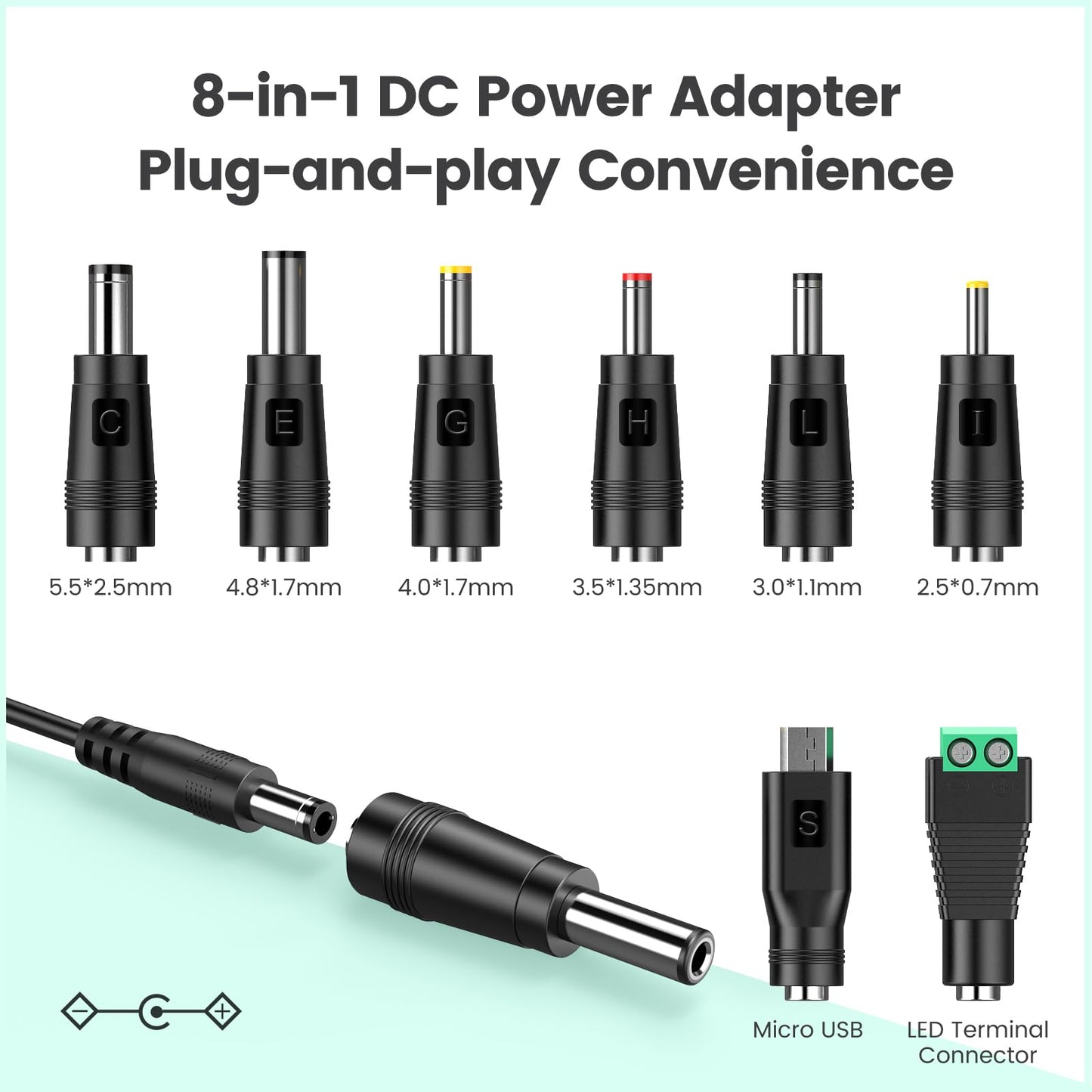 12V 2A AC DC Power Supply Charger, Universal Adapter with 8 Tips