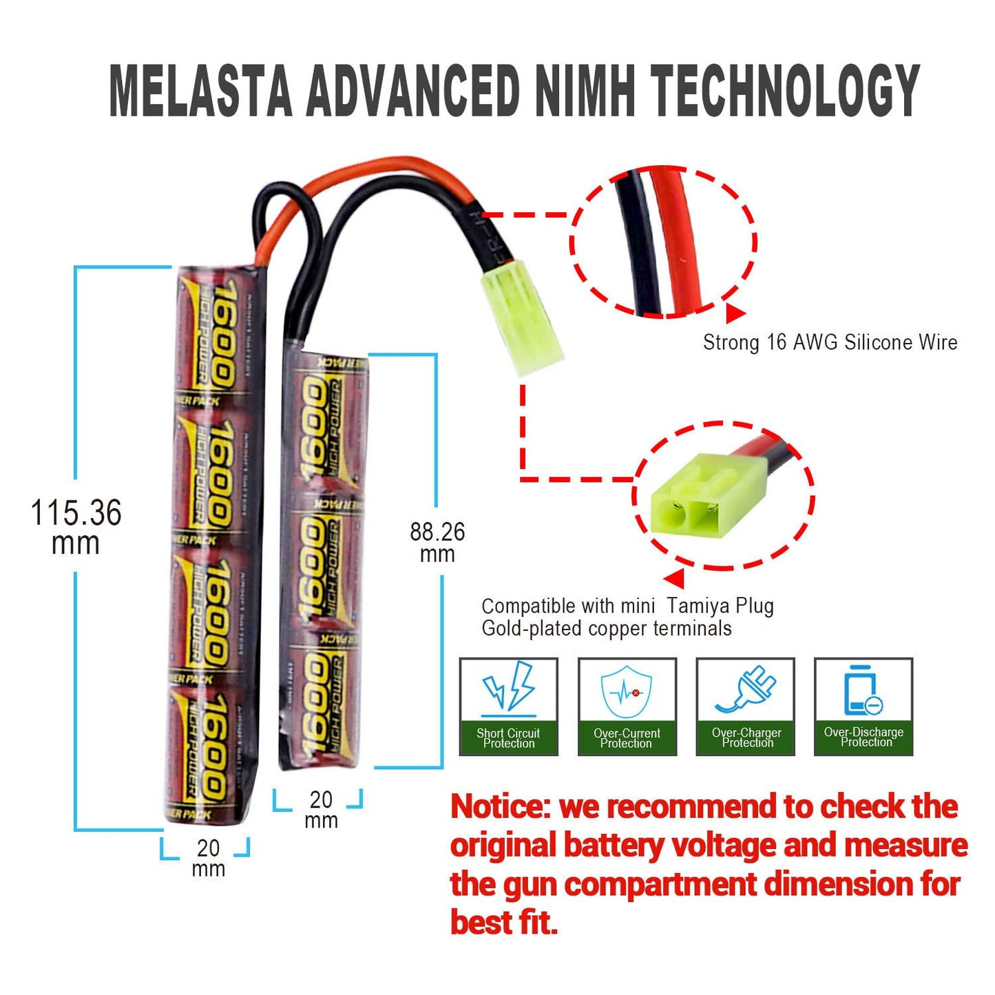 8.4V 1600mAh NiMH Airsoft Battery 2-Pack