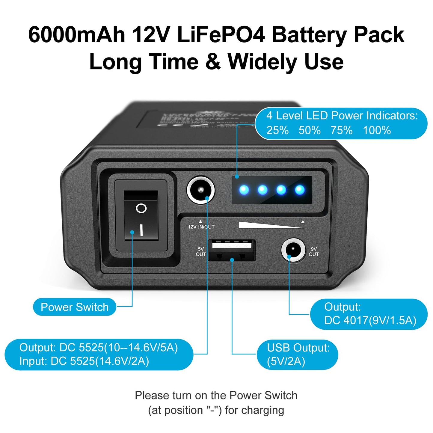 12 V Power Bank 6000 mAh Portable LiFePO4 Power Bank with Charger