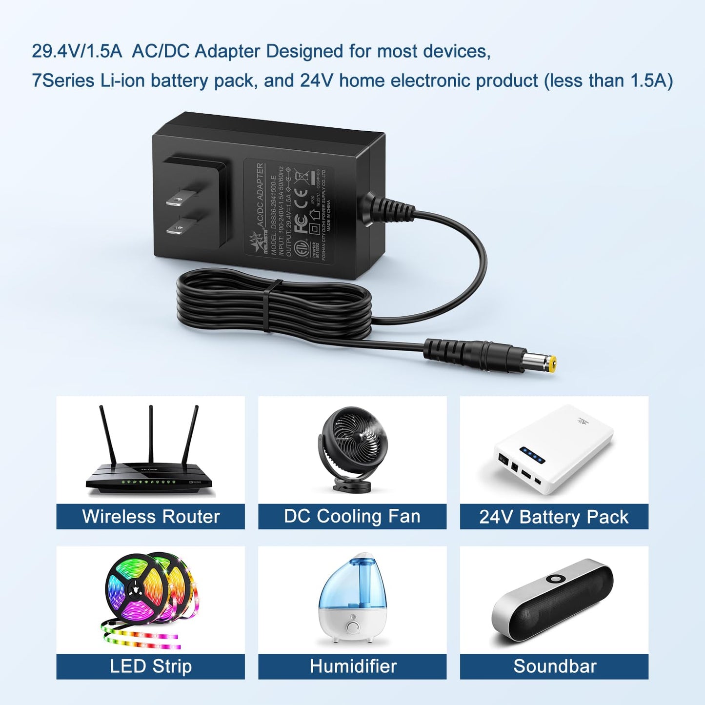 29.4V Lithium Battery Charger, 1A AC/DC Adapter for 24V 7S Li-ion Battery Pack, 100-240V Input with 5.5×2.5mm DC5525 Plug