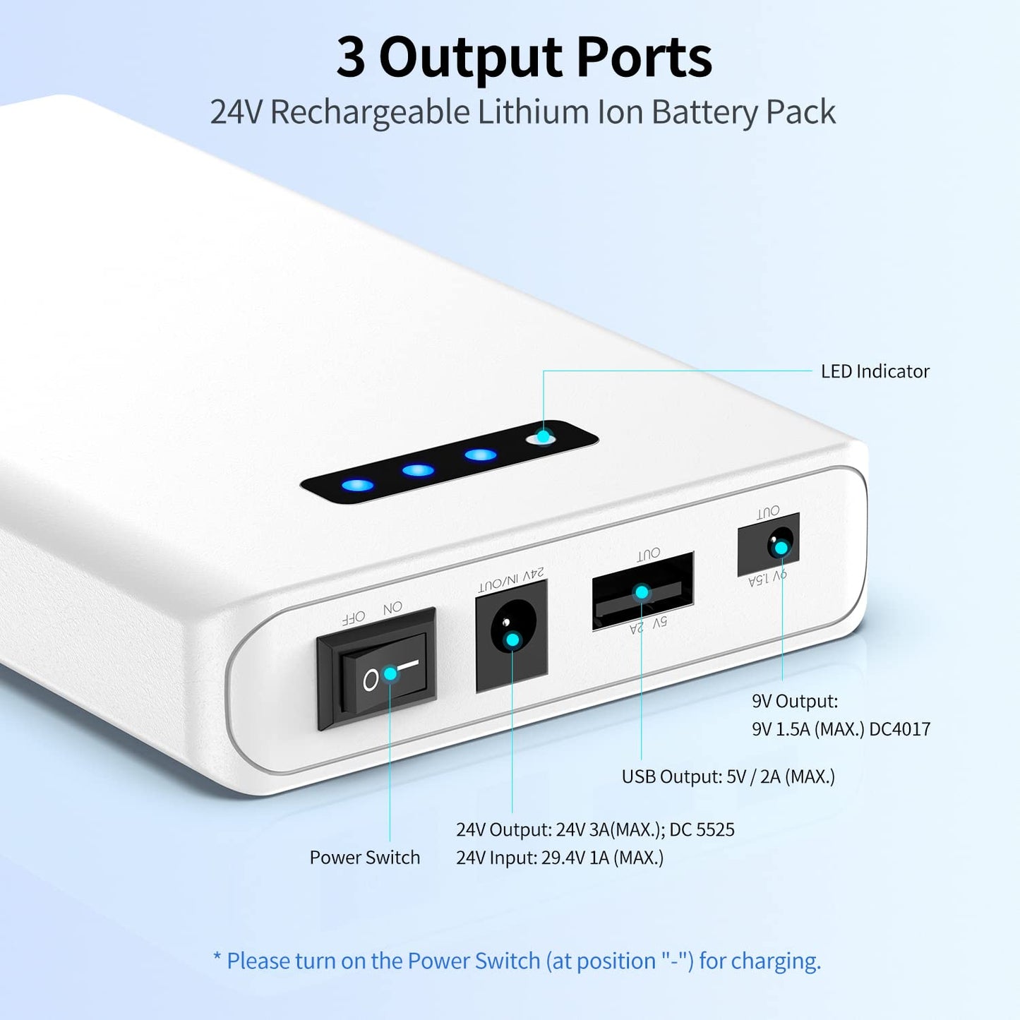 24V 3350mAh Power Bank with 9V DC & 5V USB Outputs, with Charger【EU】