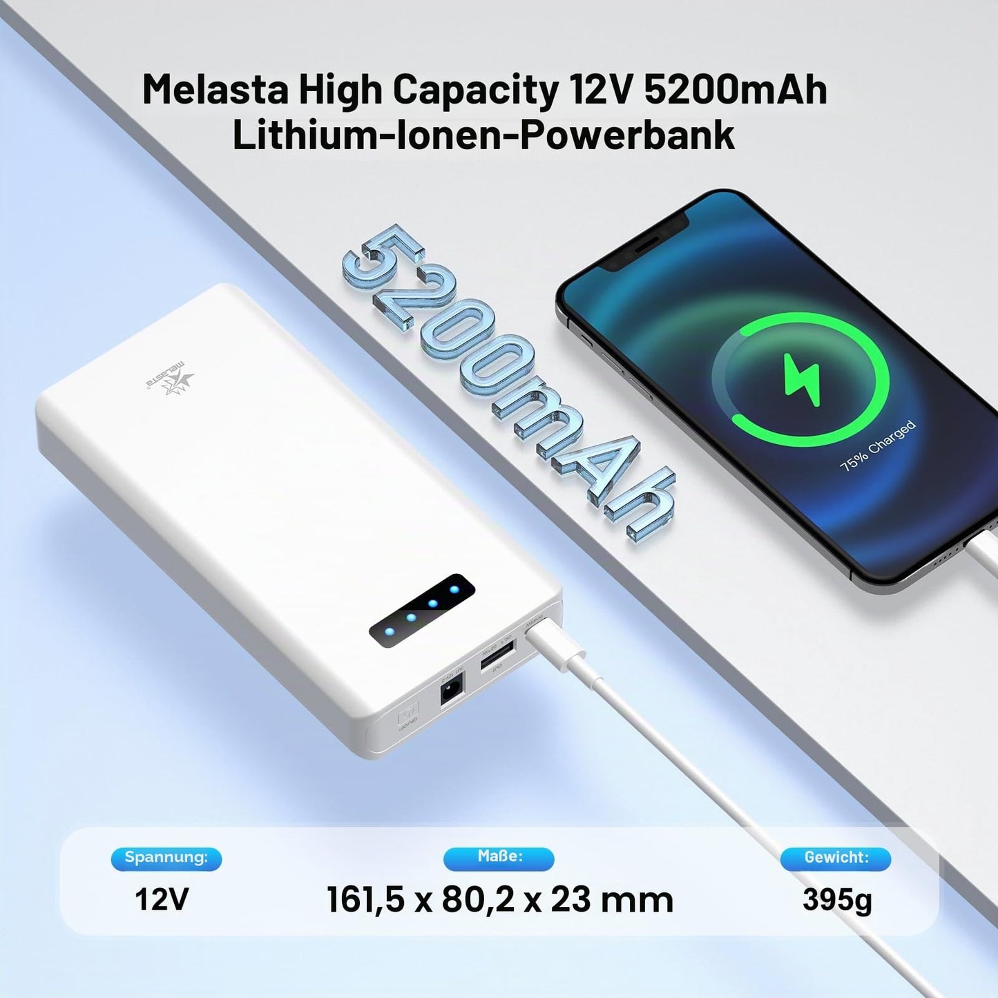 12V Power Bank with DC Output — 5200mAh 3-in-1 Fast Charging Battery Pack