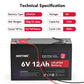 6V 12Ah 72Wh LiFePO4 Rechargeable Battery with BMS Protection and 4000 Deep Cycle Maintenance Free, Suitable for Emergency Power Lighting, Children's Toy Cars, Motor Boats, Camping, Solar Panels