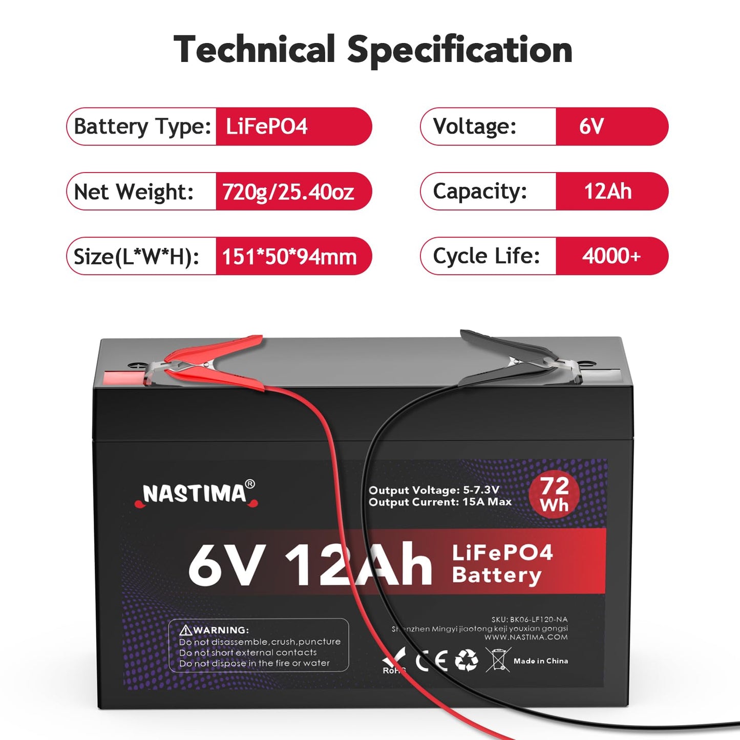 6V 12Ah 72Wh LiFePO4 Rechargeable Battery with BMS Protection and 4000 Deep Cycle Maintenance Free, Suitable for Emergency Power Lighting, Children's Toy Cars, Motor Boats, Camping, Solar Panels